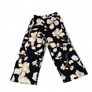 Cynthia Rowley Black Linen Hibiscus Flower‎ Wide Leg Comfy Pants Sz Small